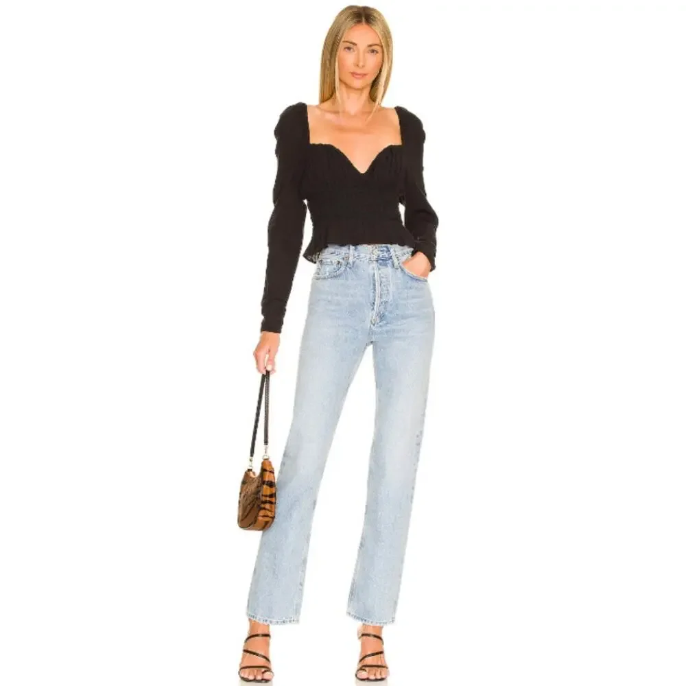 Free People Chloe Top Sweetheart Ruffle Smocked Puff Sleeve Blouse NWT